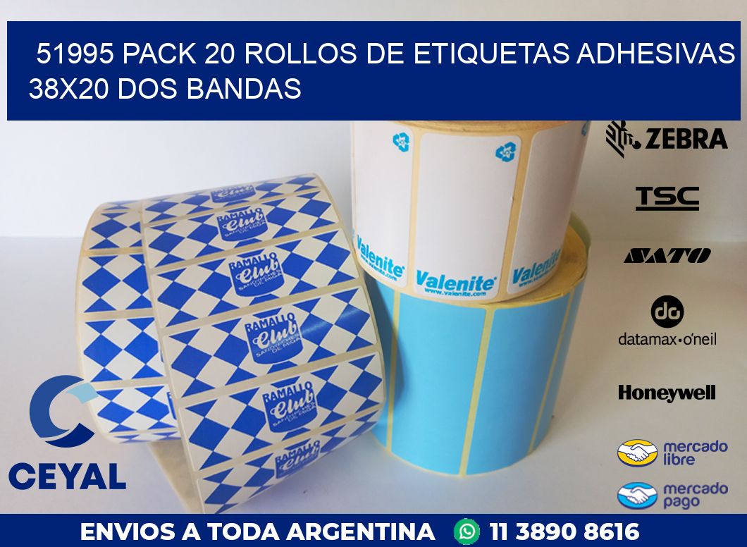 51995 PACK 20 ROLLOS DE ETIQUETAS ADHESIVAS 38X20 DOS BANDAS
