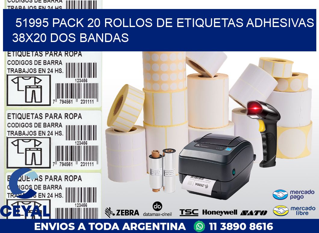 51995 PACK 20 ROLLOS DE ETIQUETAS ADHESIVAS 38X20 DOS BANDAS