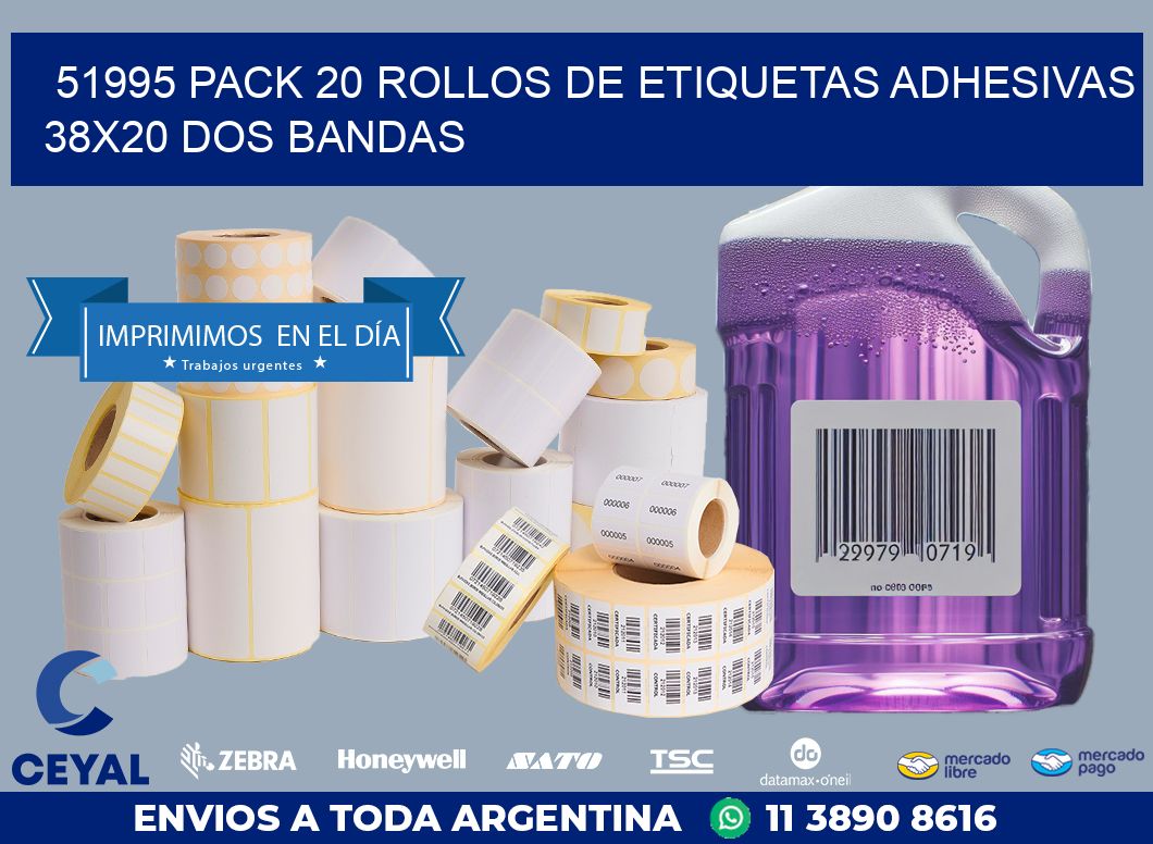 51995 PACK 20 ROLLOS DE ETIQUETAS ADHESIVAS 38X20 DOS BANDAS