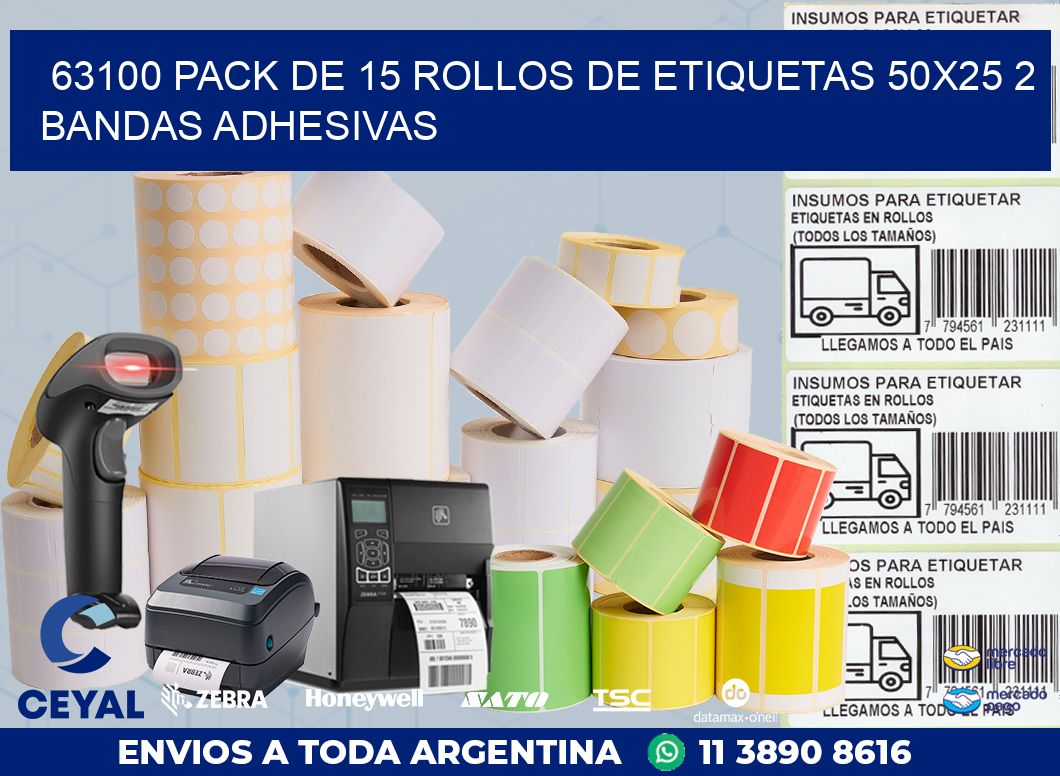 63100 PACK DE 15 ROLLOS DE ETIQUETAS 50X25 2 BANDAS ADHESIVAS