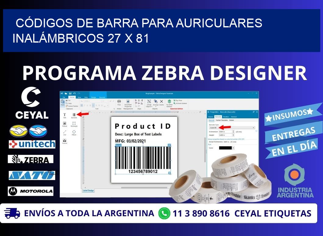 CÓDIGOS DE BARRA PARA AURICULARES INALÁMBRICOS 27 x 81
