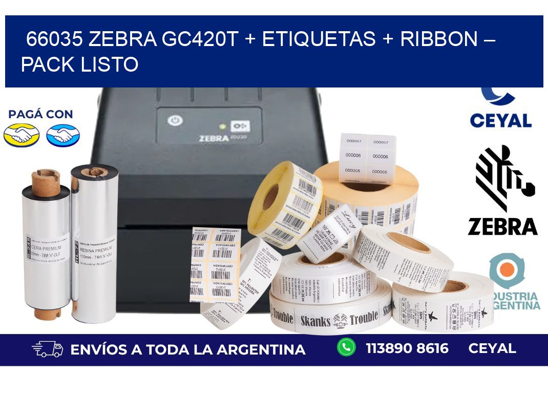 66035 Zebra GC420T + Etiquetas + Ribbon – Pack Listo