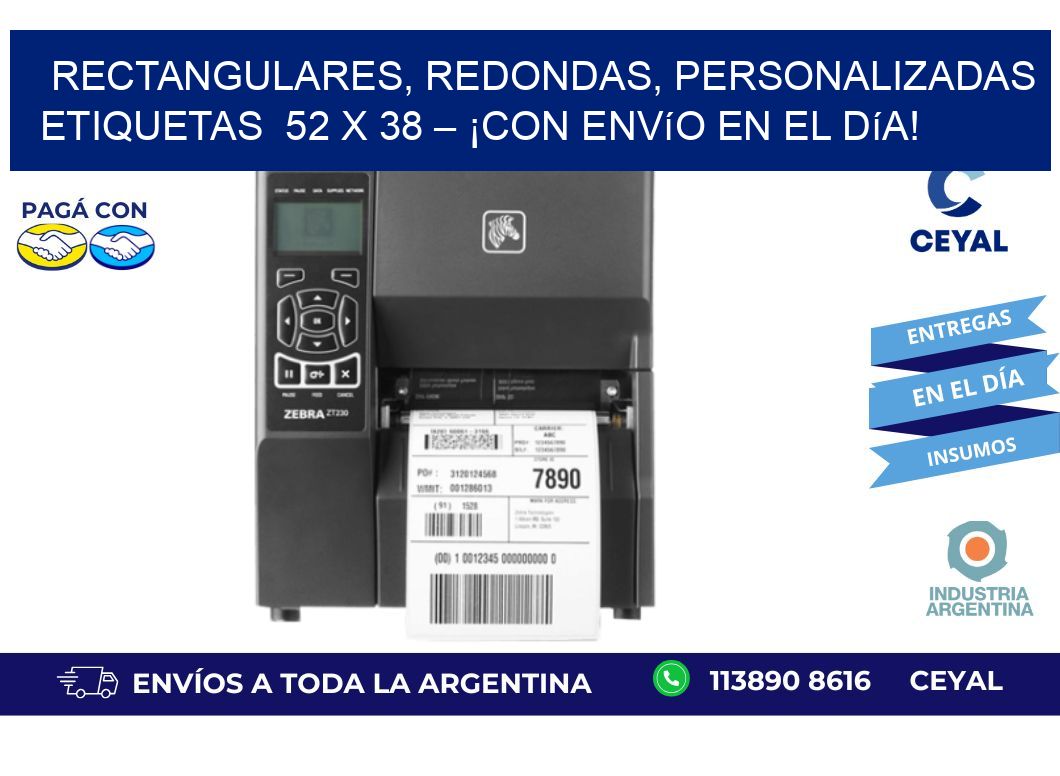 Rectangulares, Redondas, Personalizadas etiquetas  52 x 38 – ¡Con Envío en el Día!