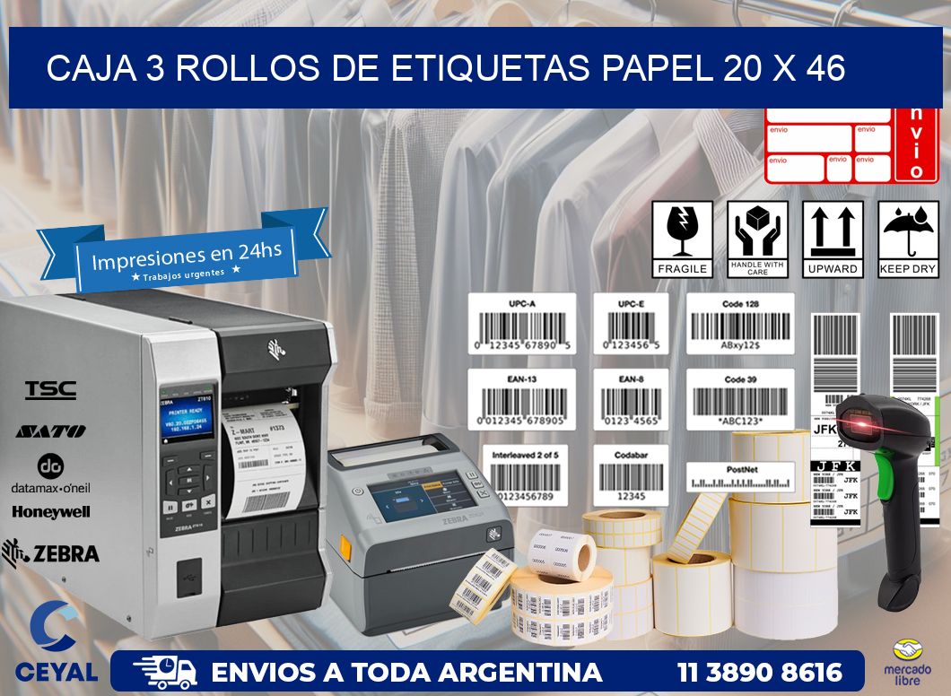 CAJA 3 ROLLOS DE ETIQUETAS PAPEL 20 x 46