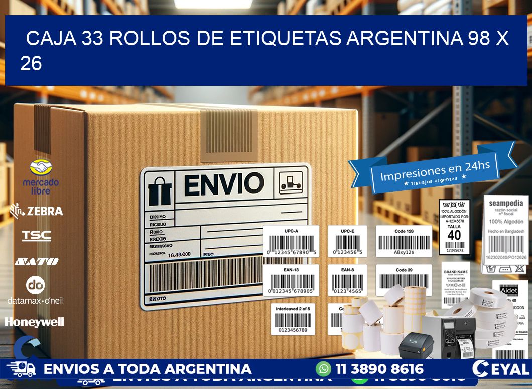 CAJA 33 ROLLOS DE ETIQUETAS ARGENTINA 98 x 26