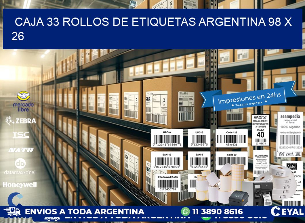 CAJA 33 ROLLOS DE ETIQUETAS ARGENTINA 98 x 26