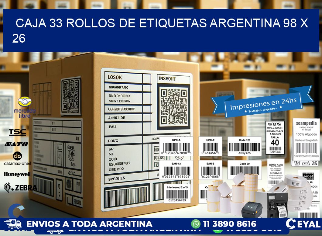 CAJA 33 ROLLOS DE ETIQUETAS ARGENTINA 98 x 26