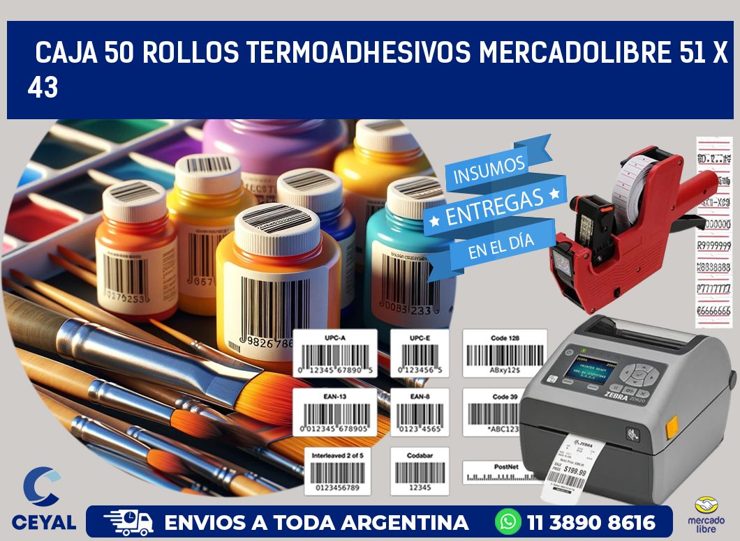 CAJA 50 ROLLOS TERMOADHESIVOS MERCADOLIBRE 51 x 43