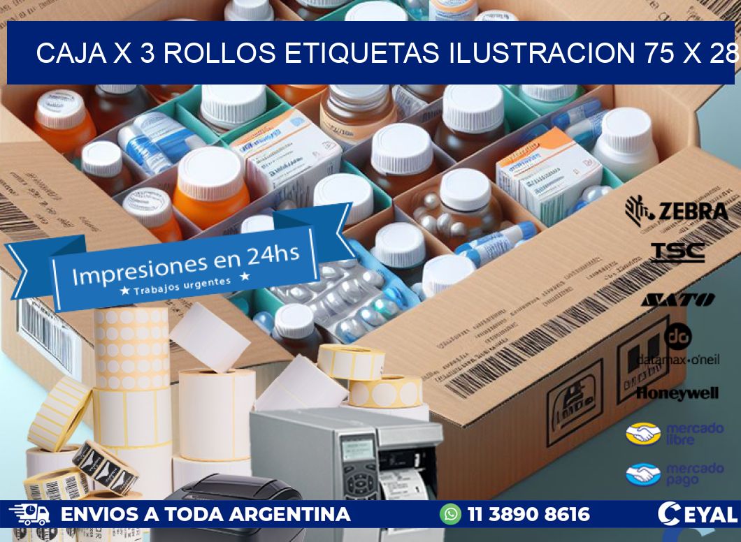 Caja X 3 Rollos Etiquetas Ilustracion 75 x 28