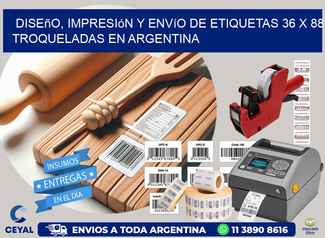 Diseño, impresión y envío de etiquetas 36 x 88 troqueladas en Argentina