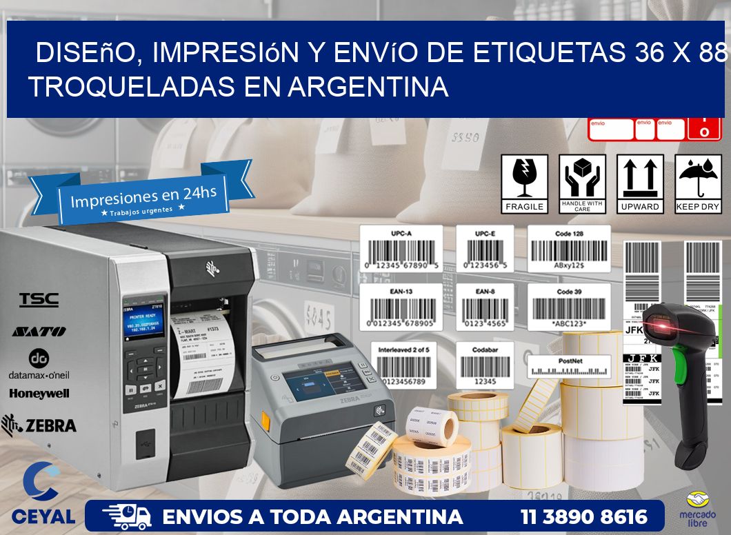 Diseño, impresión y envío de etiquetas 36 x 88 troqueladas en Argentina