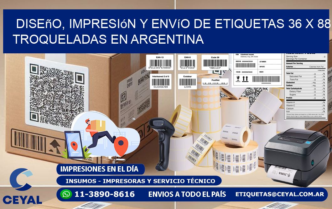 Diseño, impresión y envío de etiquetas 36 x 88 troqueladas en Argentina