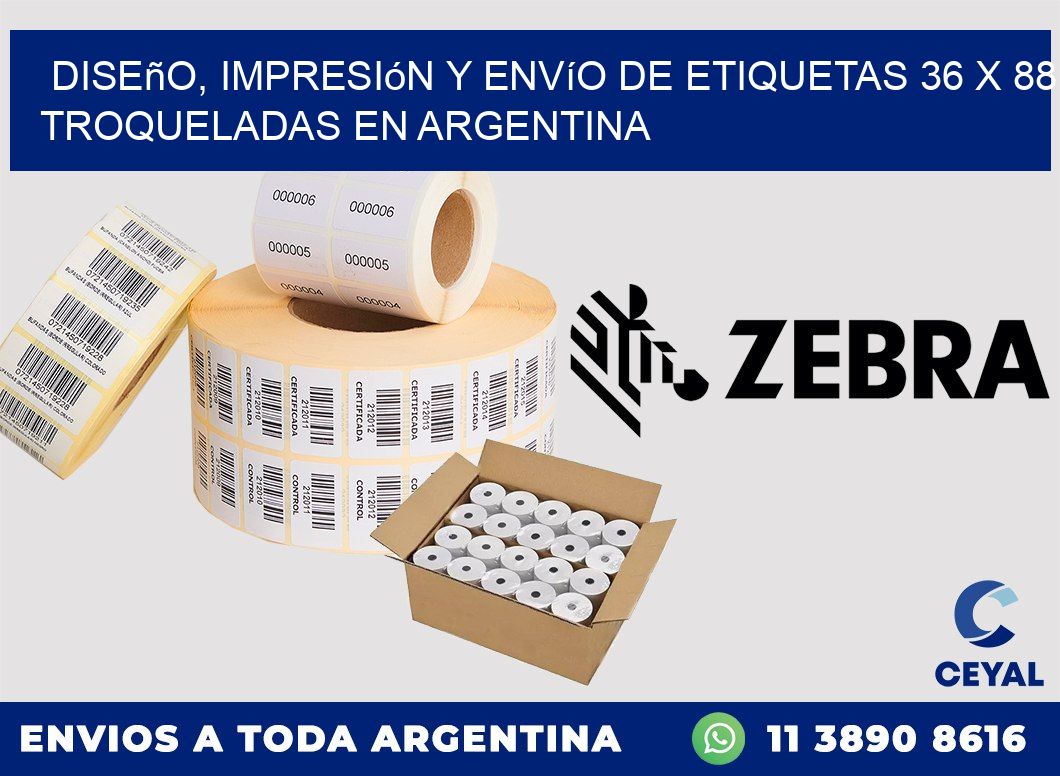 Diseño, impresión y envío de etiquetas 36 x 88 troqueladas en Argentina