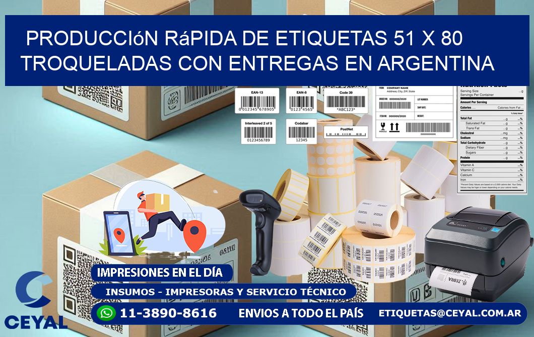 Producción rápida de etiquetas 51 x 80 troqueladas con entregas en Argentina