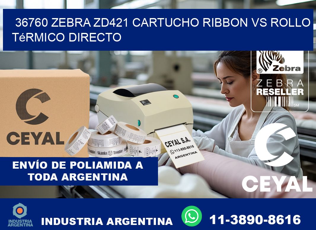 36760 Zebra ZD421 cartucho ribbon vs rollo térmico directo