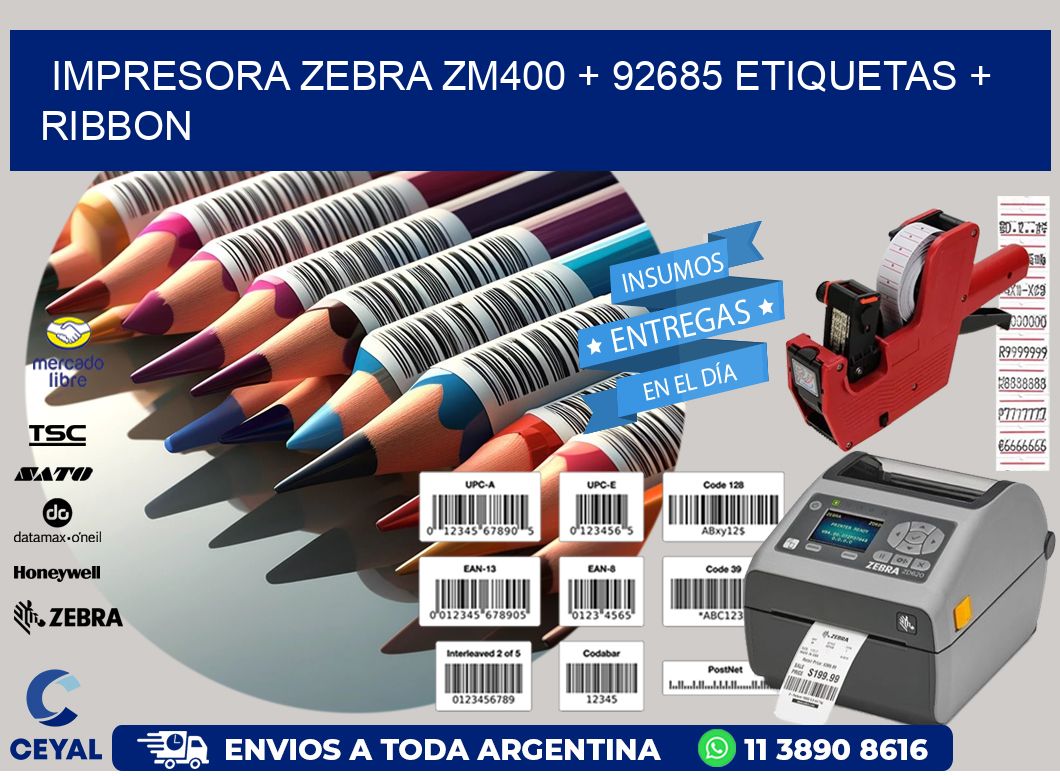 impresora zebra zm400 + 92685 etiquetas + ribbon