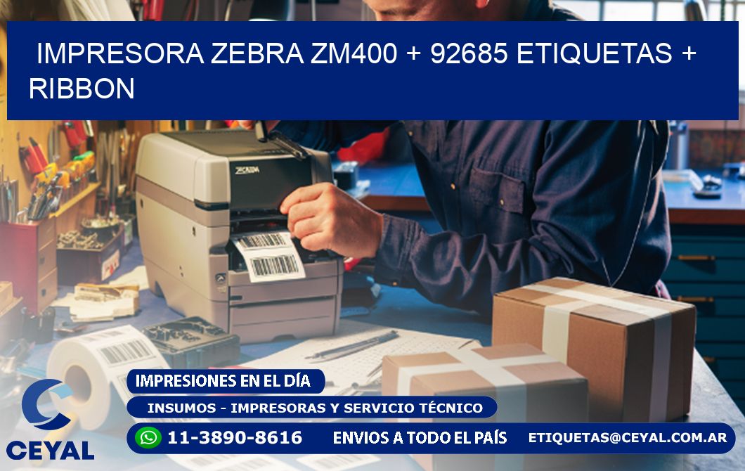 impresora zebra zm400 + 92685 etiquetas + ribbon