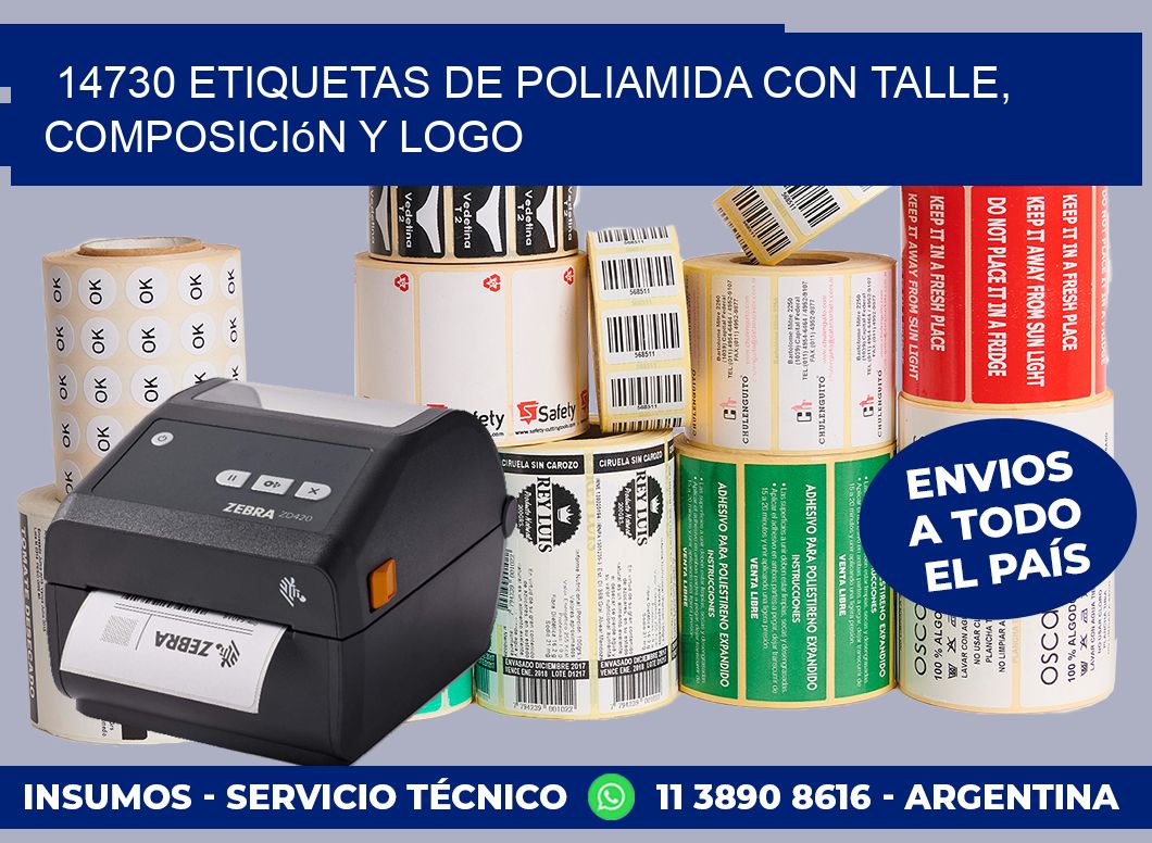 14730 Etiquetas de poliamida con talle, composición y logo