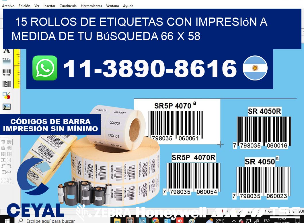 15 rollos de etiquetas con impresión a medida de tu búsqueda 66 x 58