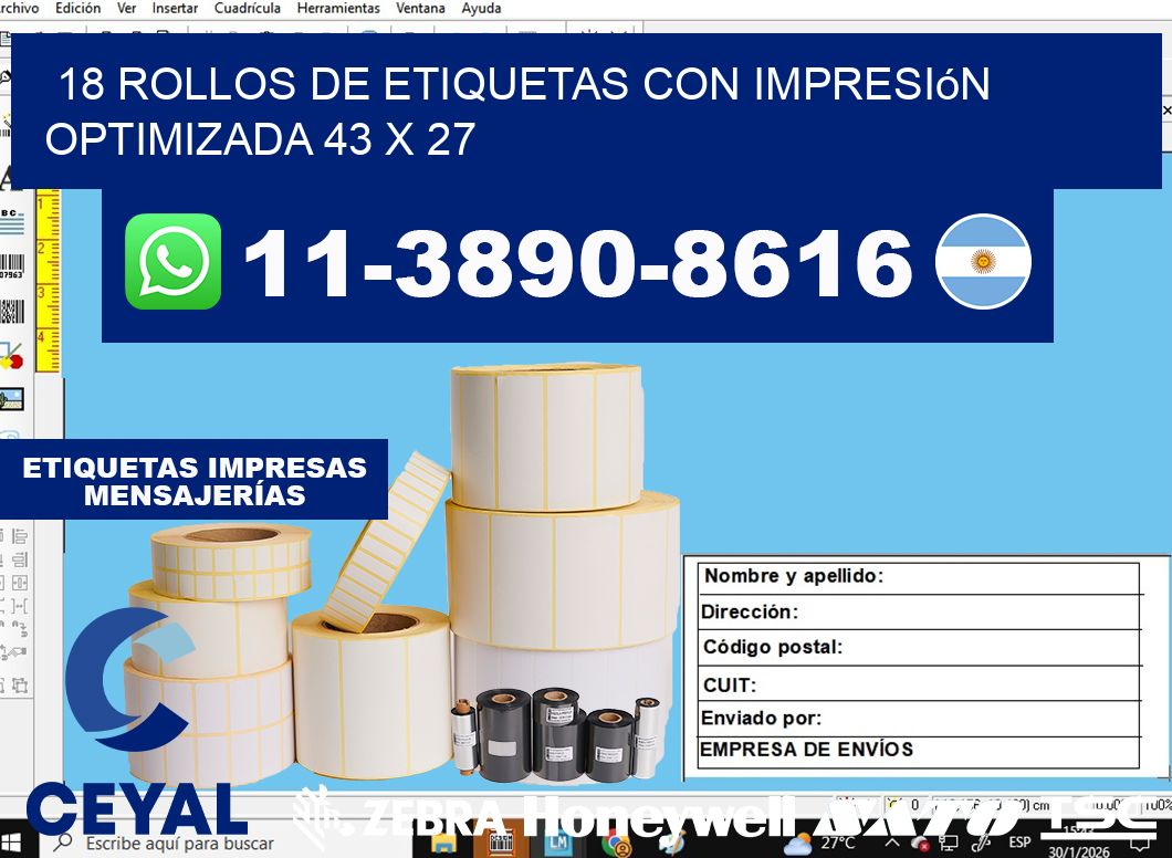18 rollos de etiquetas con impresión optimizada 43 x 27