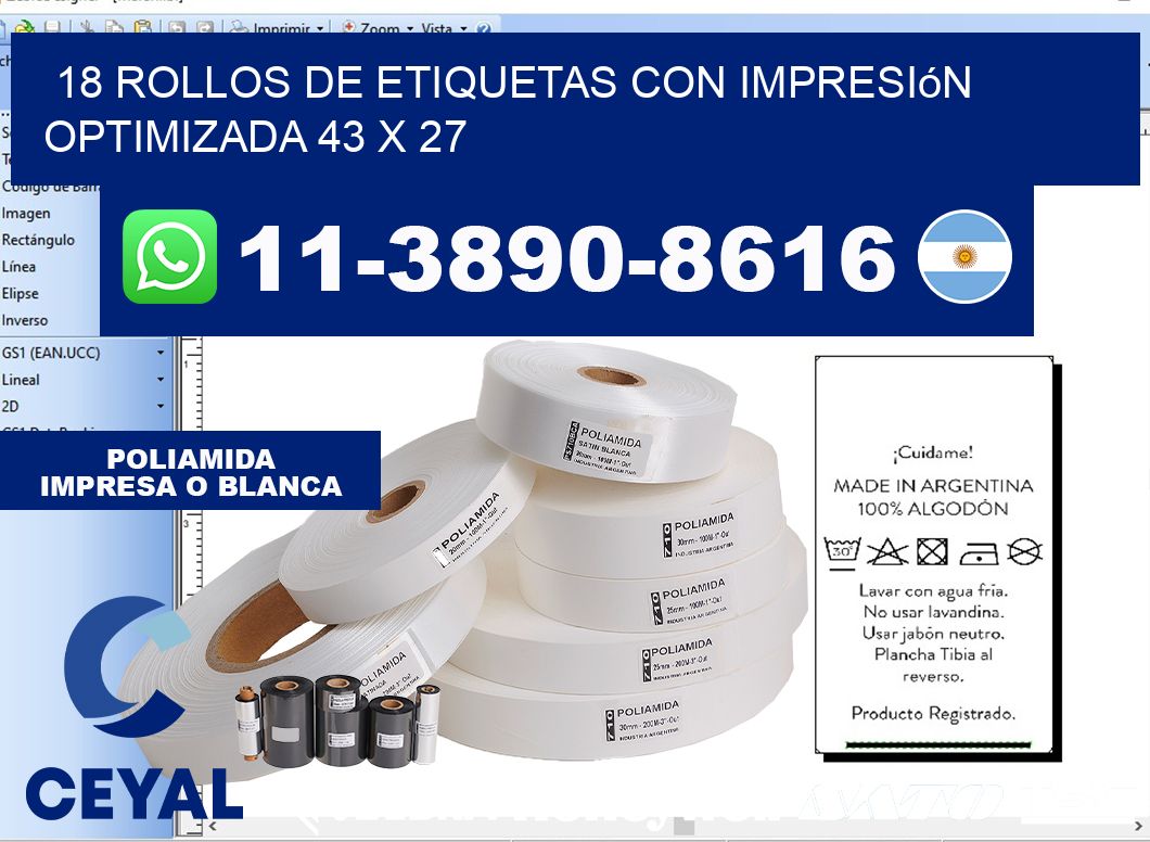 18 rollos de etiquetas con impresión optimizada 43 x 27