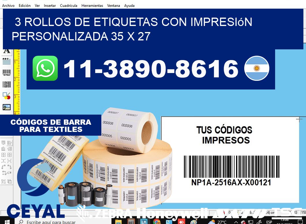 3 rollos de etiquetas con impresión personalizada 35 x 27