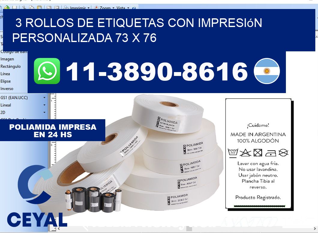 3 rollos de etiquetas con impresión personalizada 73 x 76