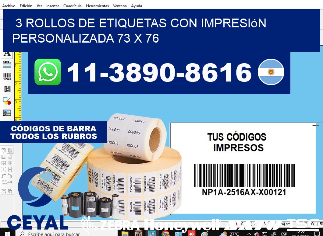 3 rollos de etiquetas con impresión personalizada 73 x 76