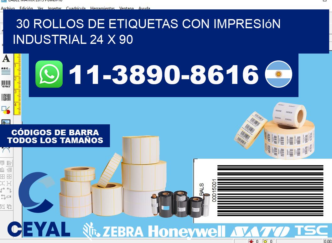 30 rollos de etiquetas con impresión industrial 24 x 90
