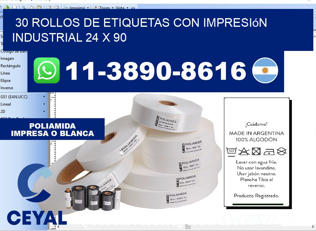 30 rollos de etiquetas con impresión industrial 24 x 90