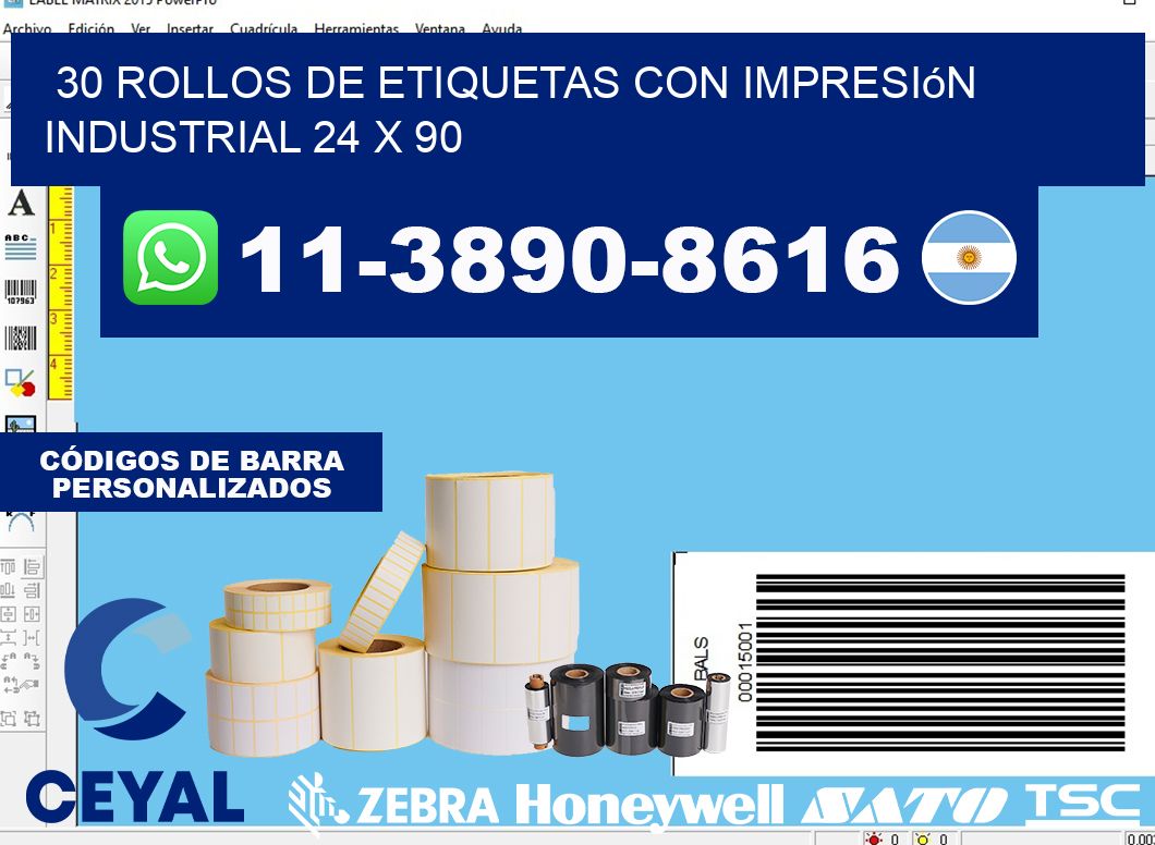 30 rollos de etiquetas con impresión industrial 24 x 90