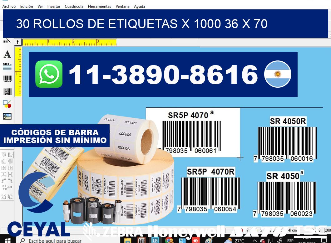 30 rollos de etiquetas x 1000 36 x 70