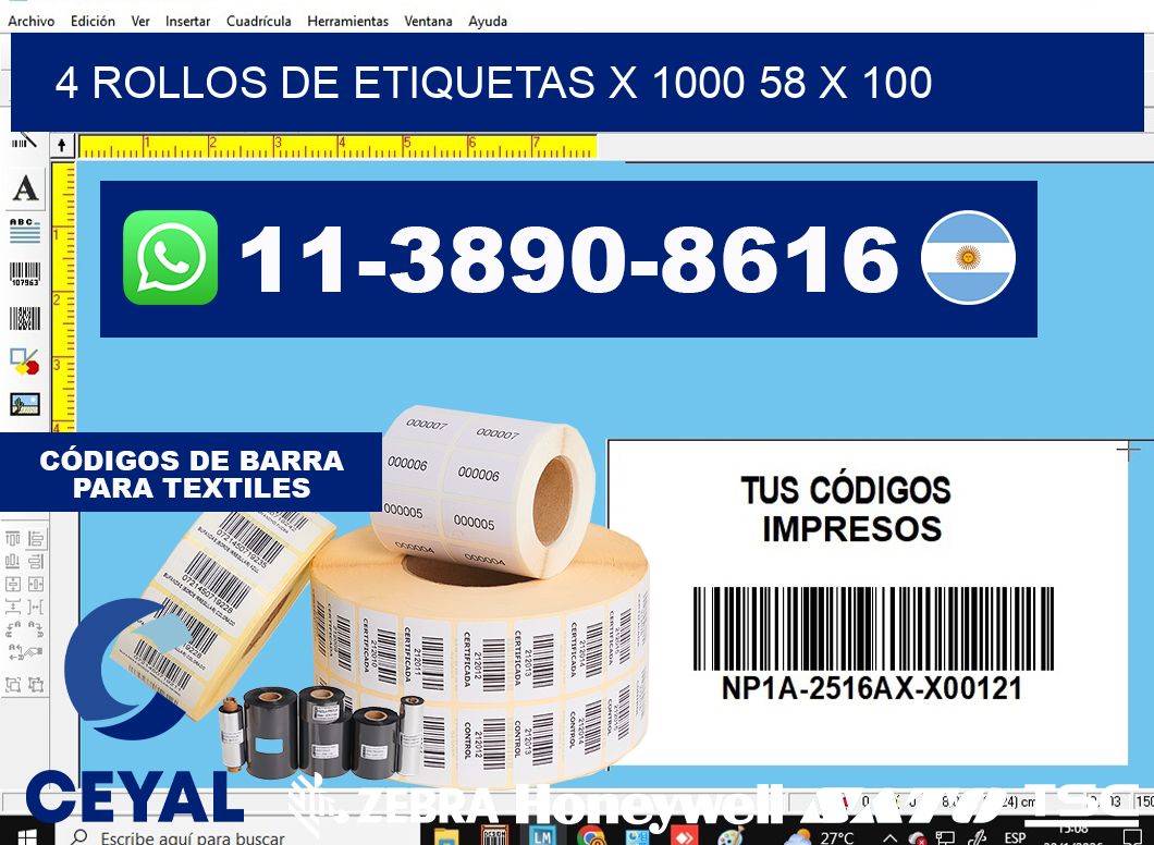 4 rollos de etiquetas x 1000 58 x 100