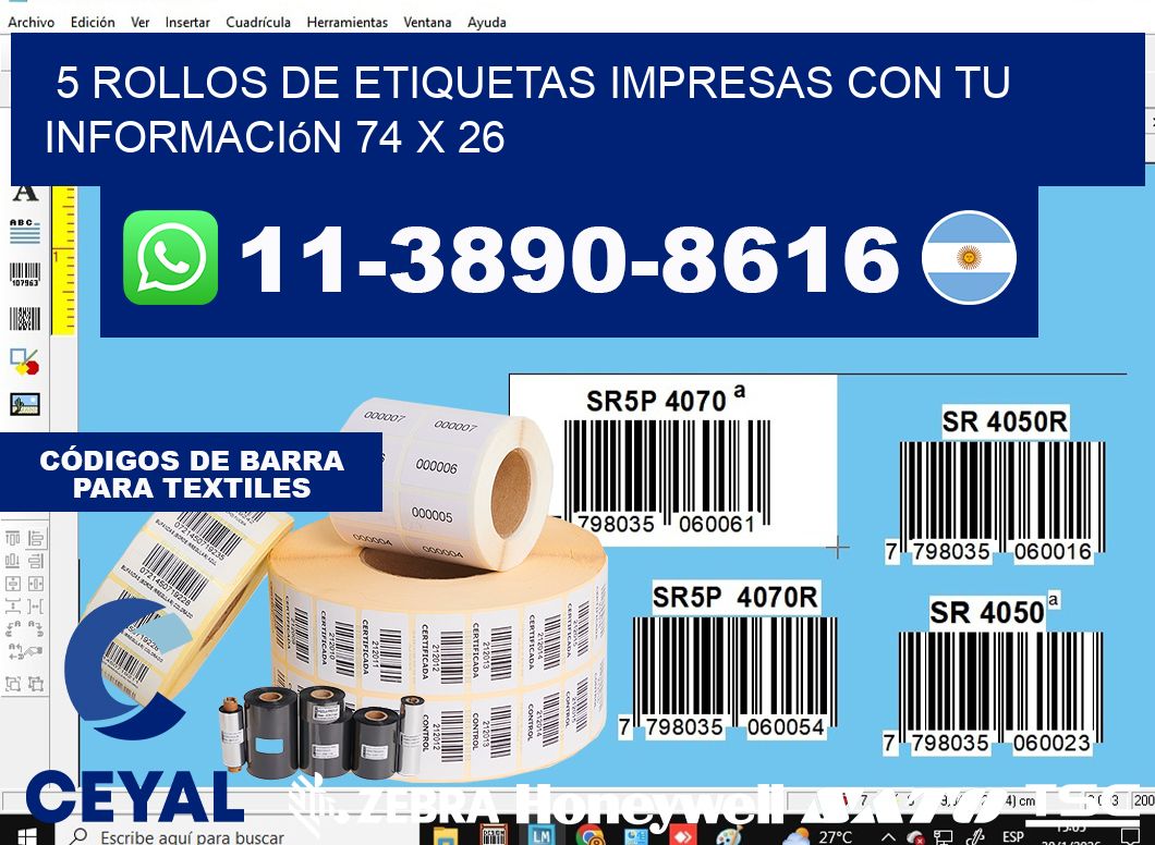 5 rollos de etiquetas impresas con tu información 74 x 26