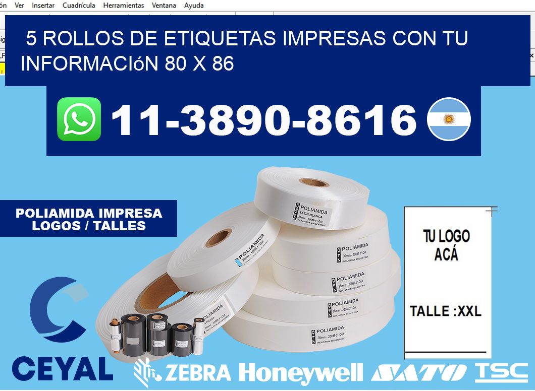 5 rollos de etiquetas impresas con tu información 80 x 86