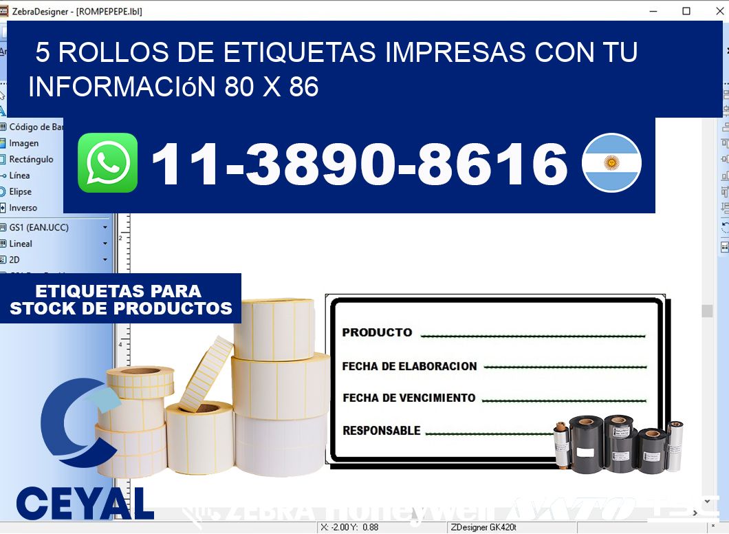 5 rollos de etiquetas impresas con tu información 80 x 86