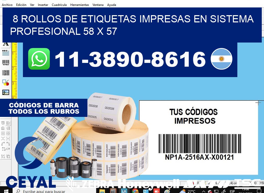 8 rollos de etiquetas impresas en sistema profesional 58 x 57