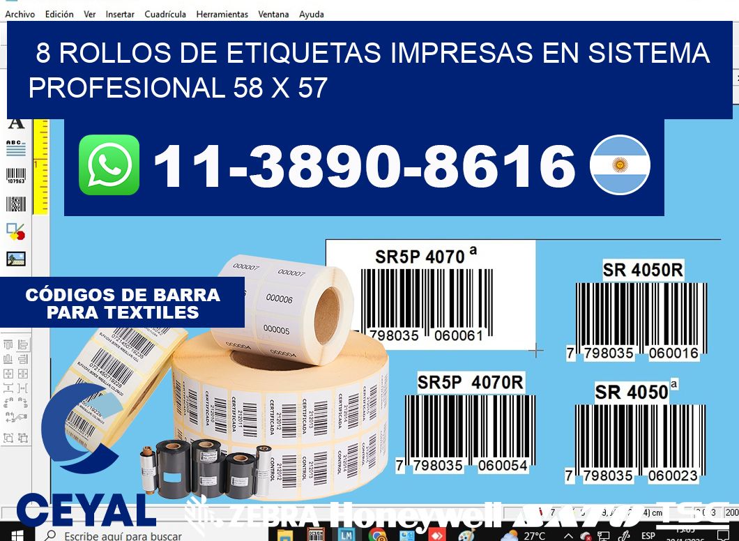 8 rollos de etiquetas impresas en sistema profesional 58 x 57