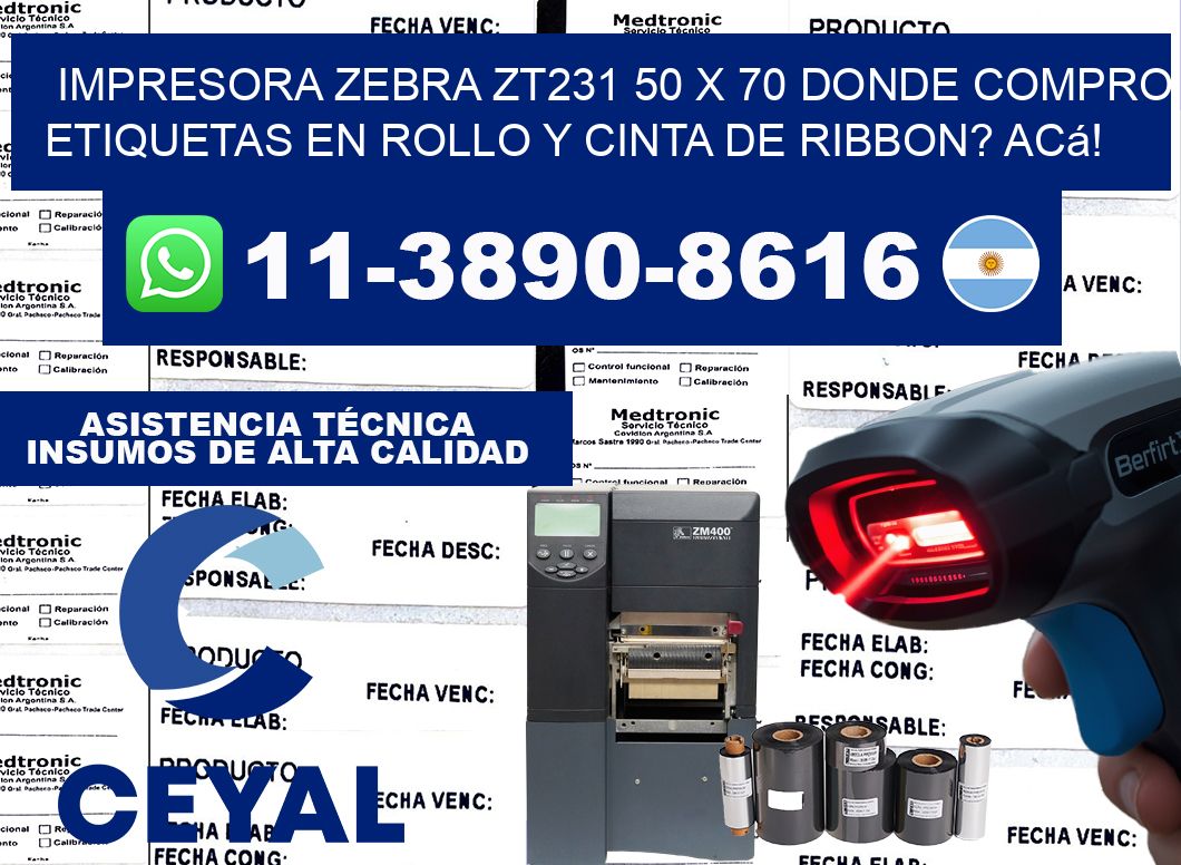 impresora zebra zt231 50 x 70 Donde compro etiquetas en rollo y cinta de ribbon? Acá!