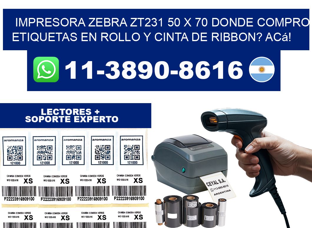 impresora zebra zt231 50 x 70 Donde compro etiquetas en rollo y cinta de ribbon? Acá!